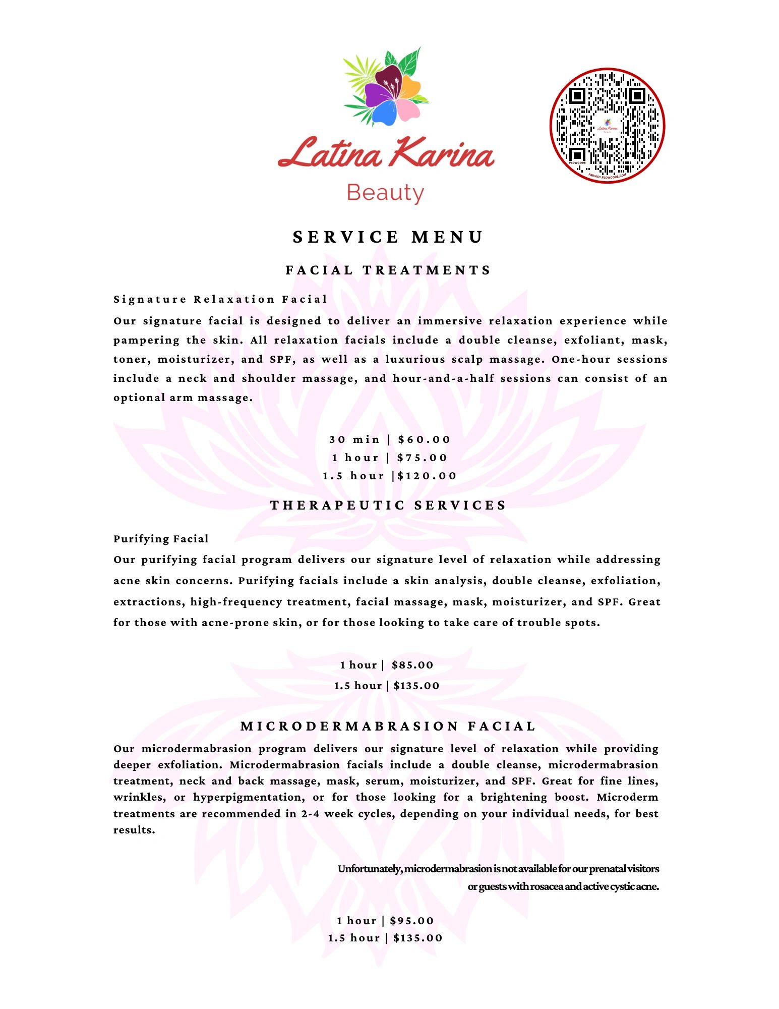Service menu for Latina Karina Beauty's facial treatments.