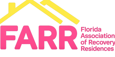 Logo of Florida Association of Recovery Residences with yellow roof symbols and pink text.