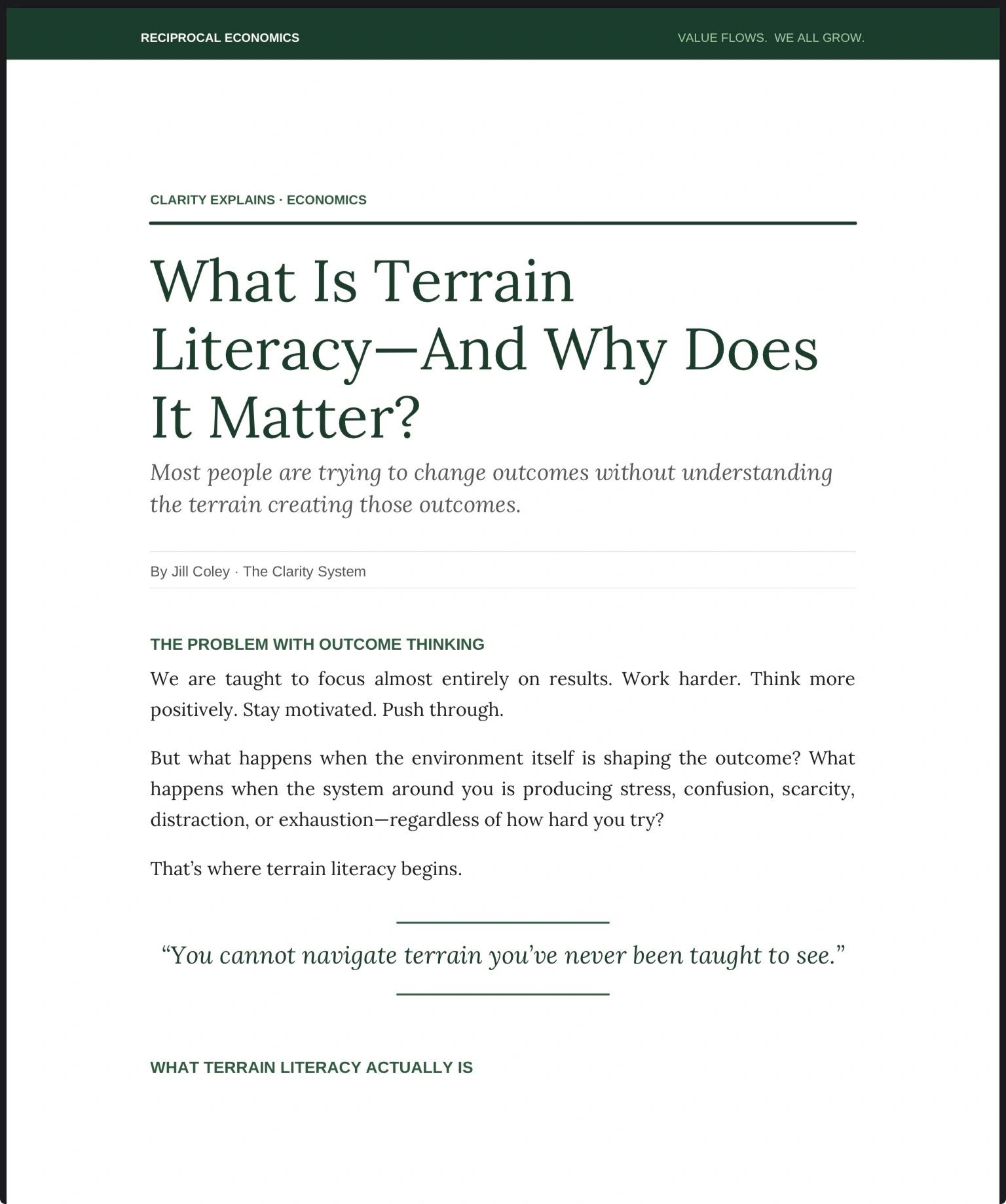 Article explains terrain literacy and its importance in understanding outcomes.