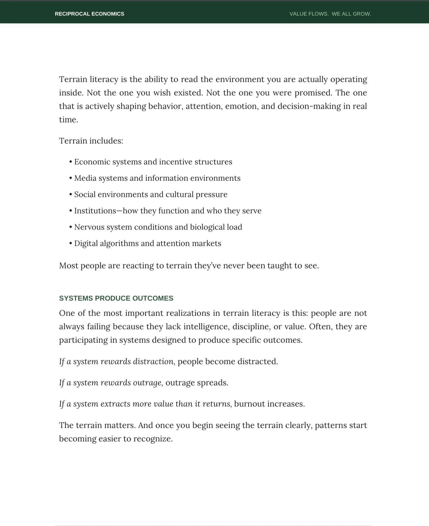 Explanation of terrain literacy and its impact on behavior and system outcomes.