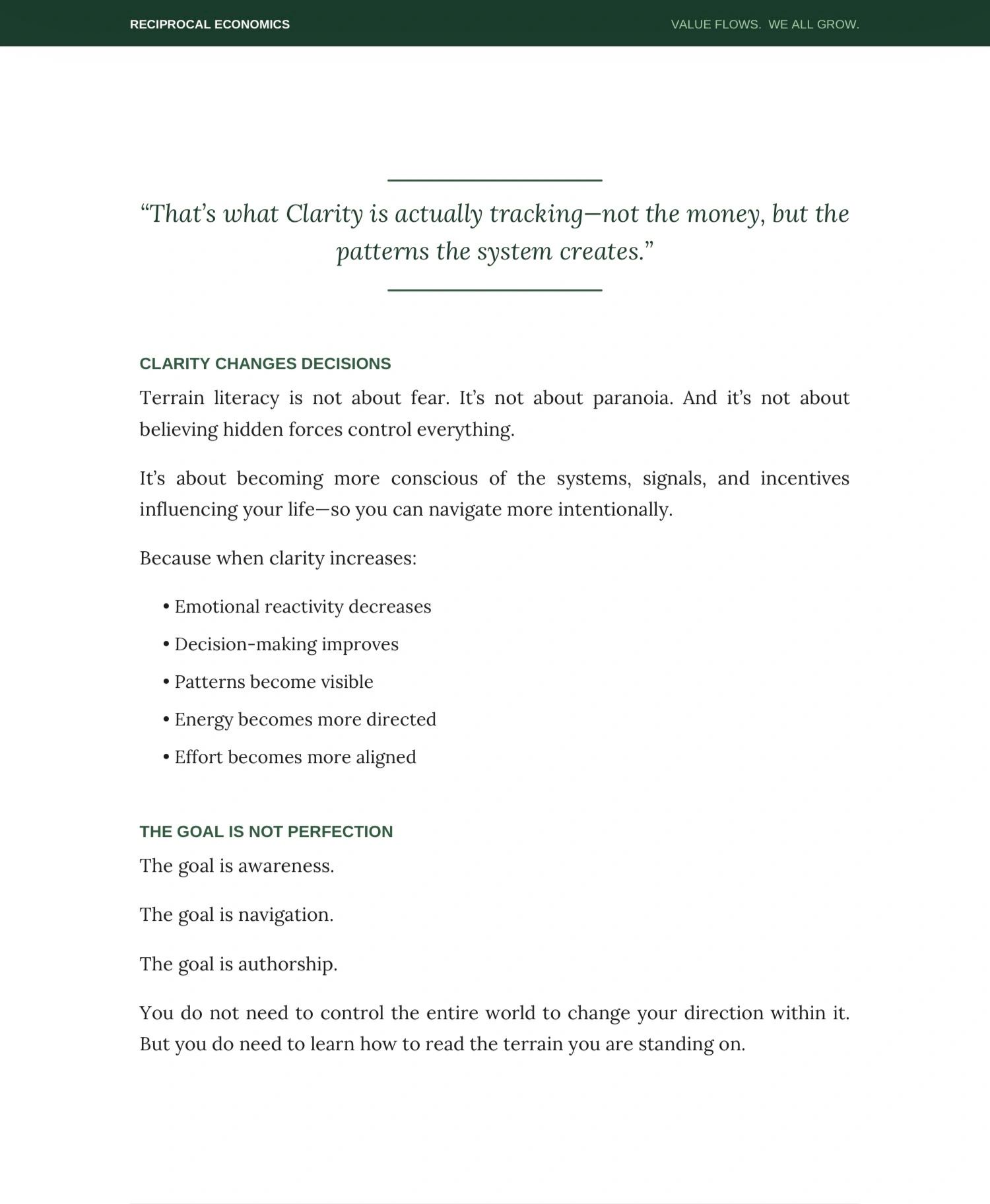 Text explaining how clarity improves decision-making and awareness in reciprocal economics.