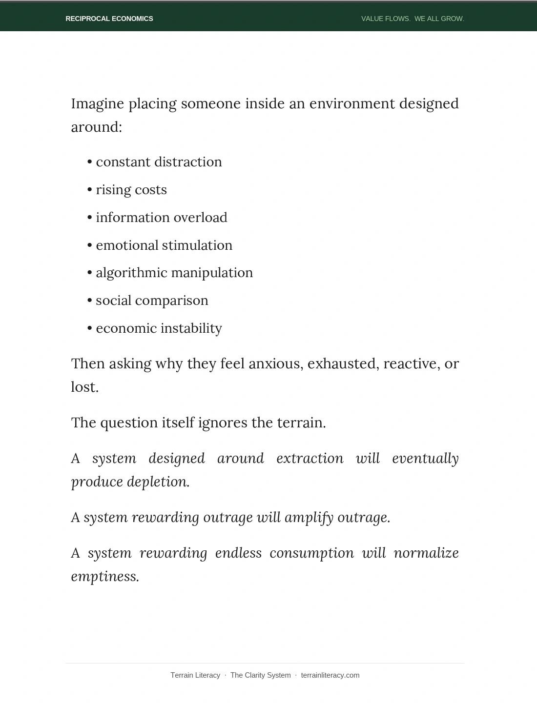 Text discussing environmental factors causing anxiety and exhaustion in systems designed around extraction and consumption.