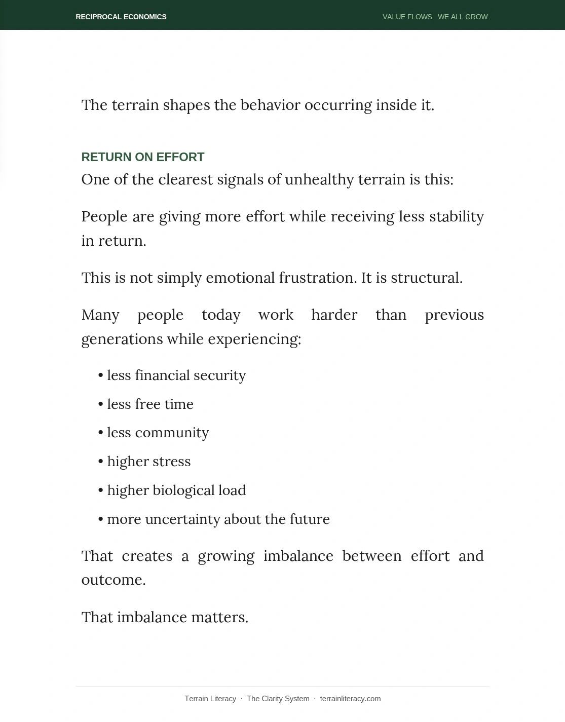 Text explaining the structural imbalance of effort and return in modern life.