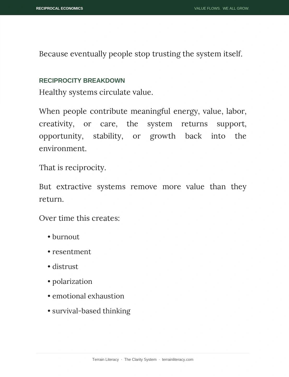 Explanation of reciprocity breakdown in economic systems and its negative effects.