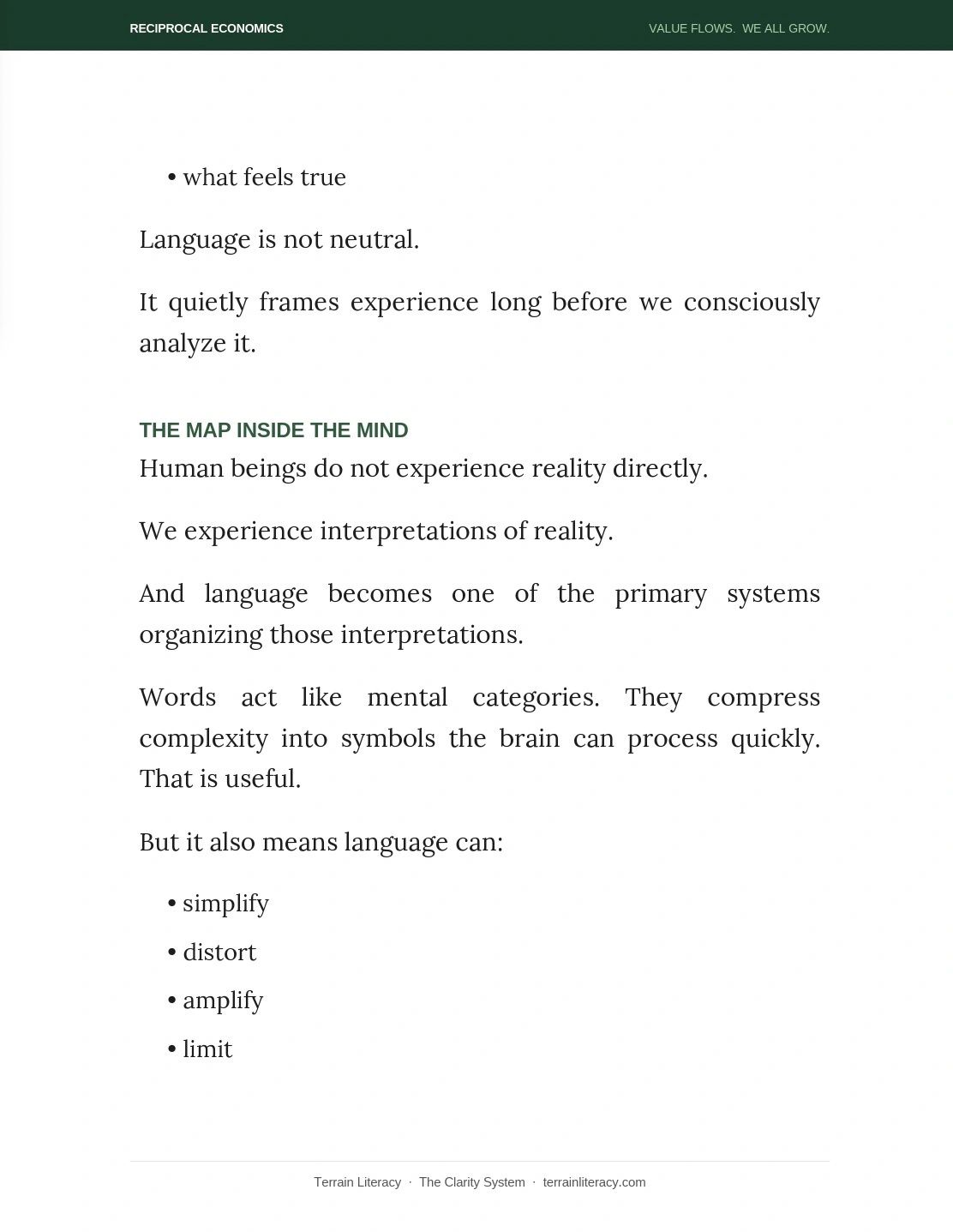 Language shapes our experience by framing reality through mental categories that simplify or distort.