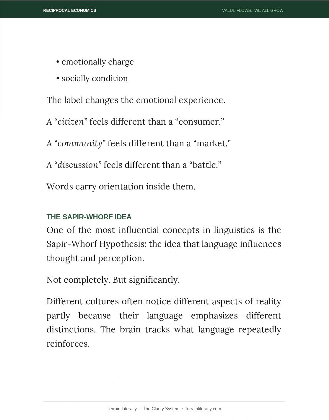 Text discussing how language influences emotional experience and perception.