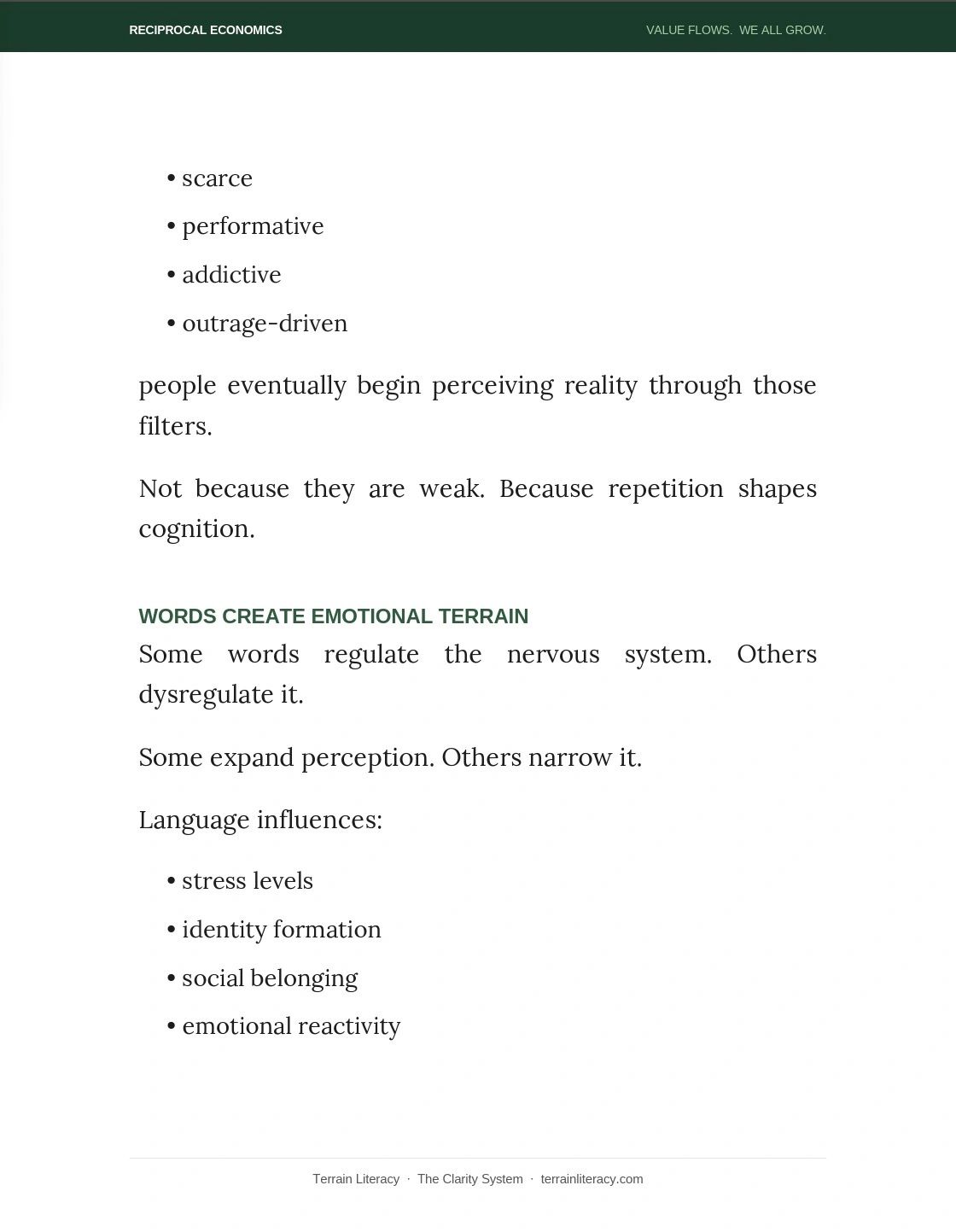 Text about how language shapes perception, stress, identity, belonging, and emotions.