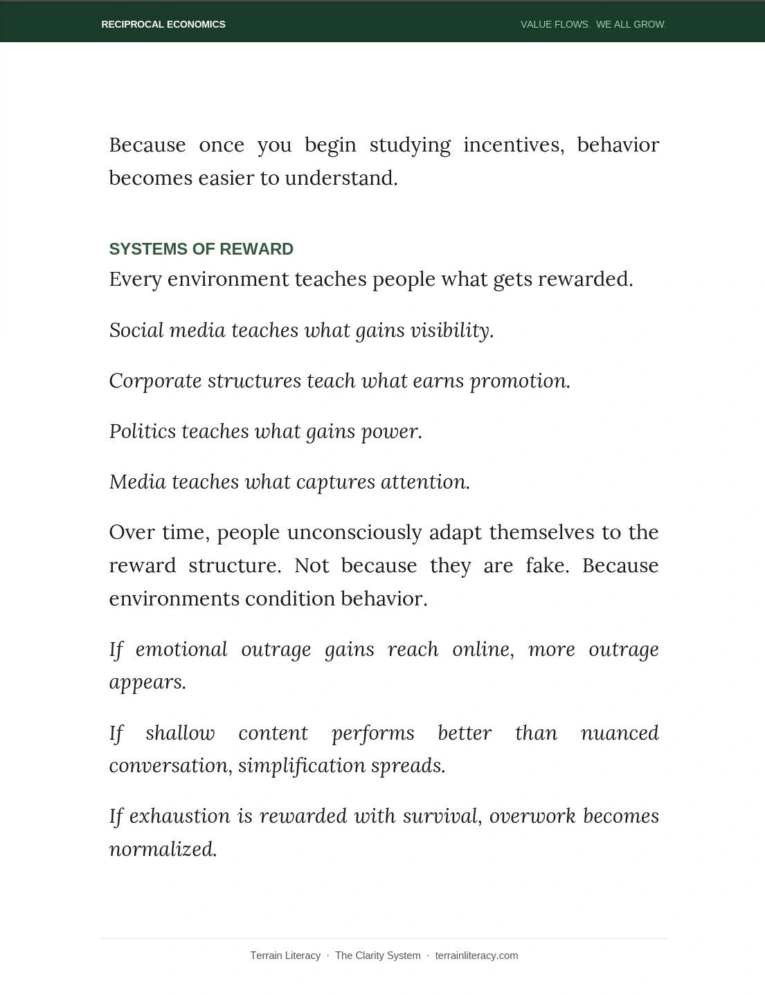 Explanation of how environments shape behavior through rewards and incentives.