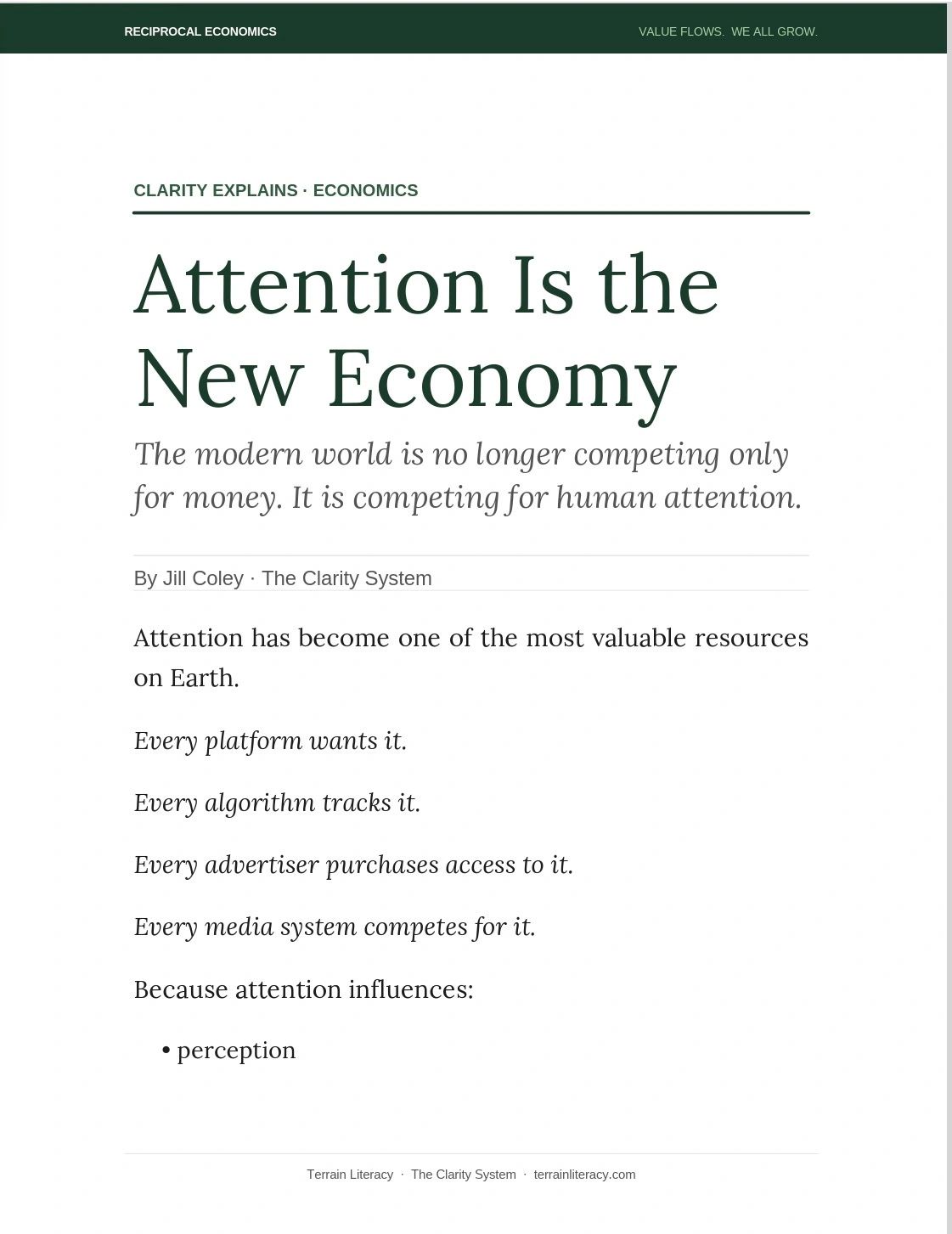Article discussing attention as the new valuable economy.