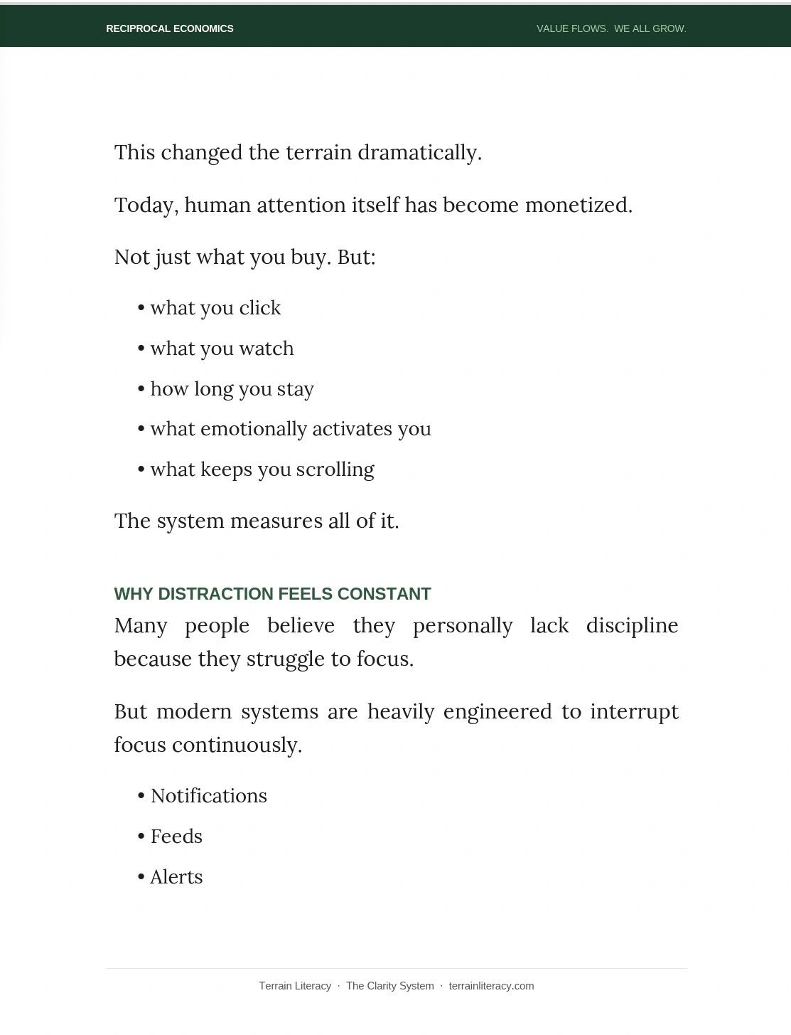 Text explaining how human attention is monetized through clicks, watches, and emotional triggers.