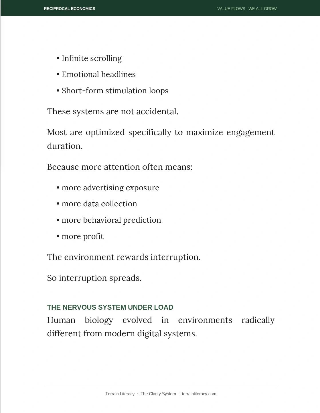 Explains how digital systems exploit human attention for profit and data collection.