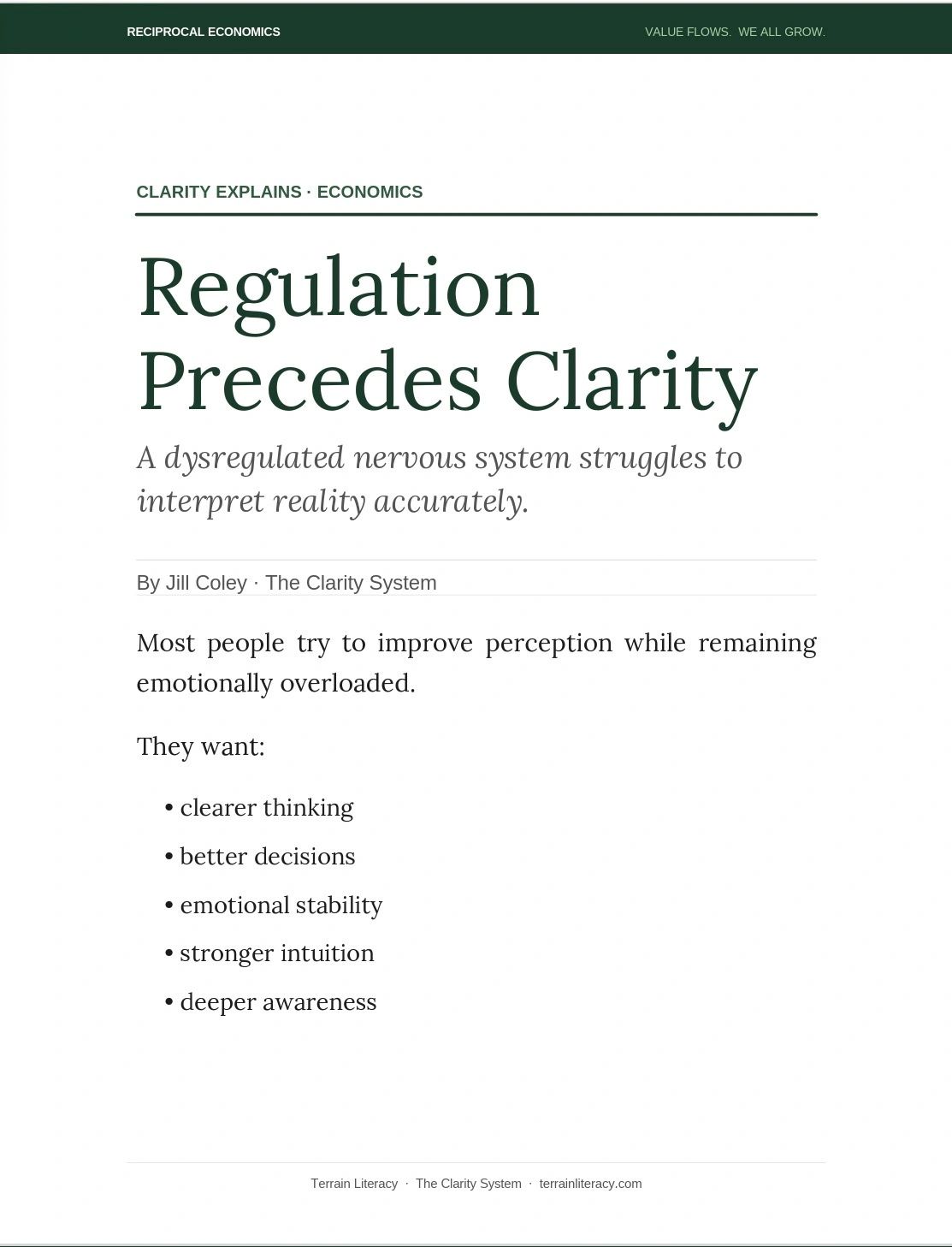 Article titled 'Regulation Precedes Clarity' discusses emotional overload and perception.