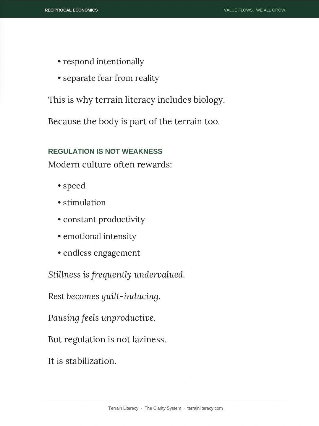 Text on the importance of regulation and rest in modern culture.