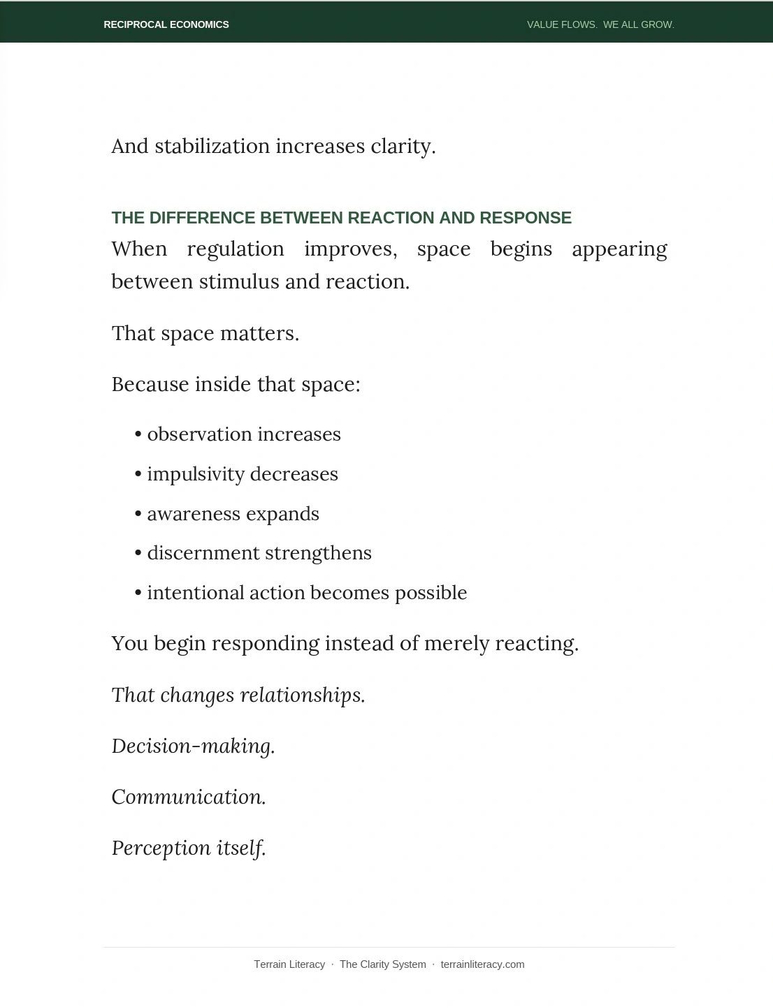 Text explaining the importance of space between stimulus and reaction for better decision-making.