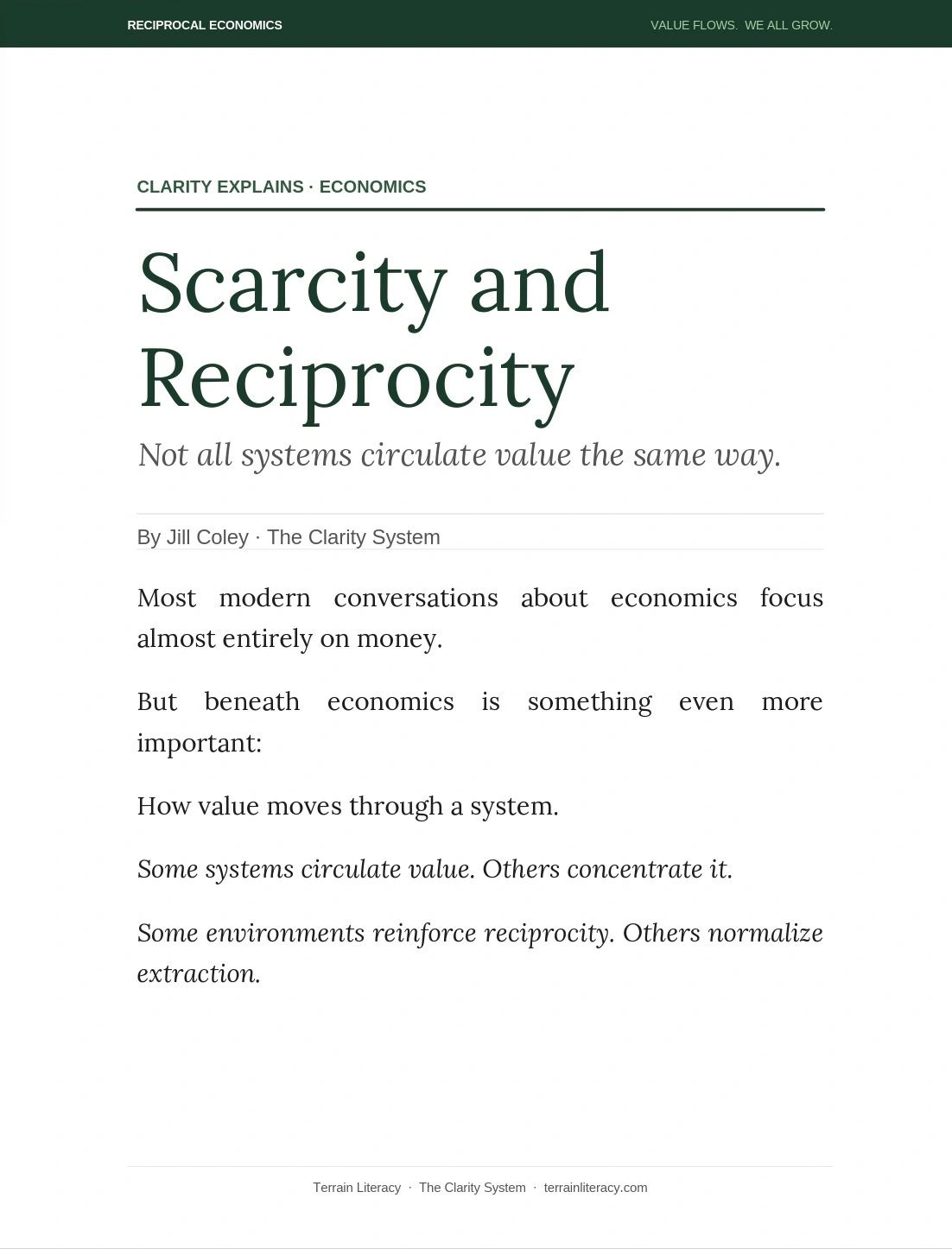Article discussing how value moves through economic systems, focusing on scarcity and reciprocity.