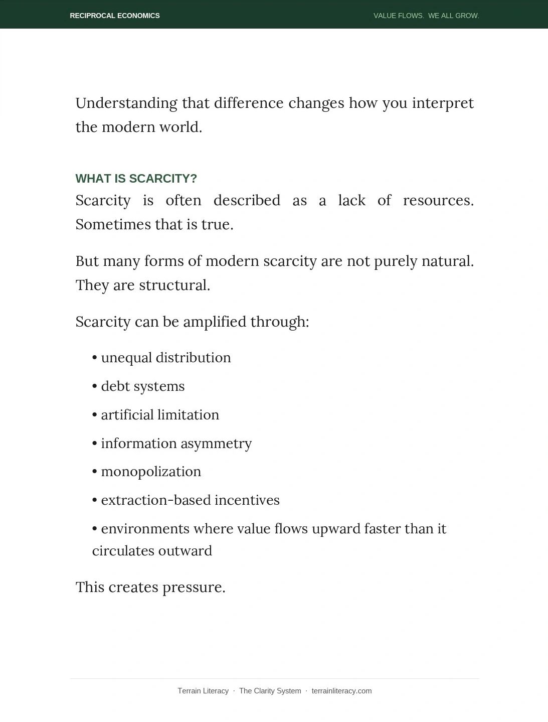 Explanation of scarcity as not just natural but structural, amplified by various systemic factors.