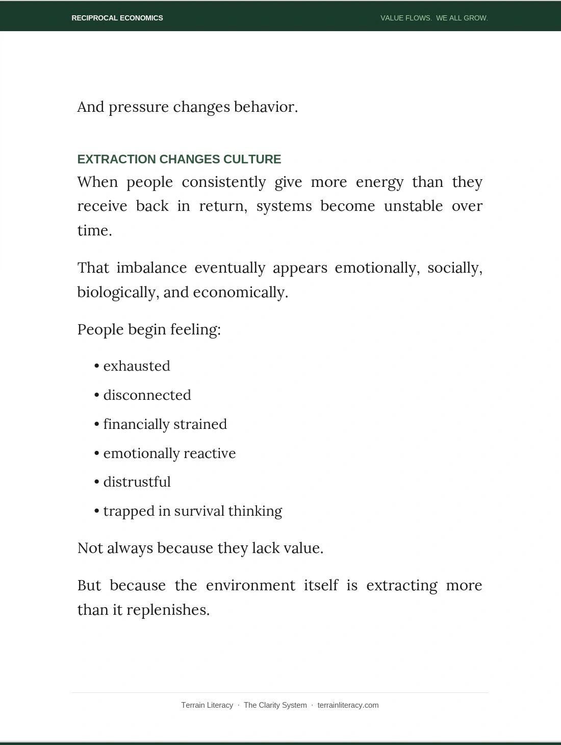 Text explaining how extraction changes culture and affects people's feelings.
