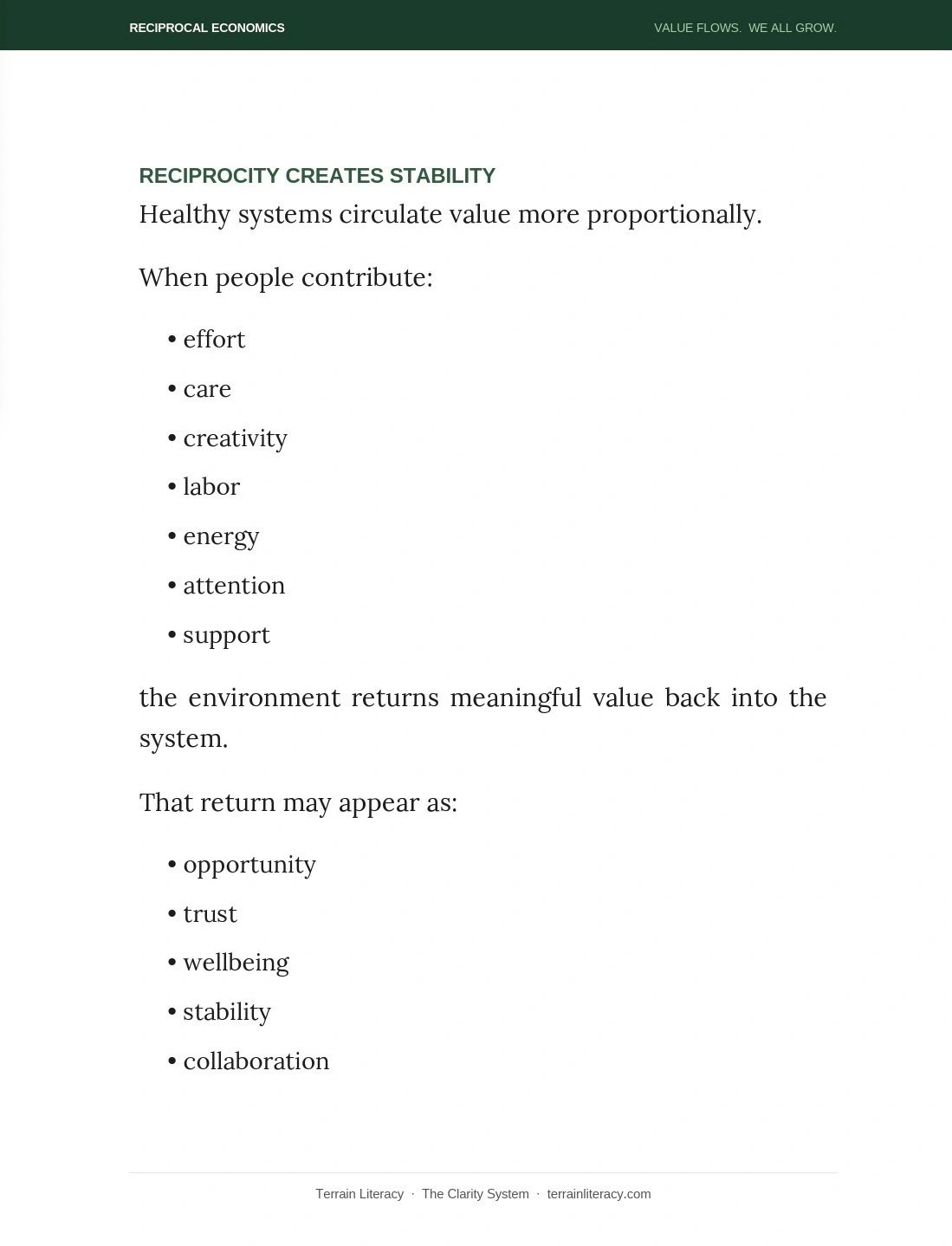 Information on how reciprocal economics creates stability through proportional value circulation.