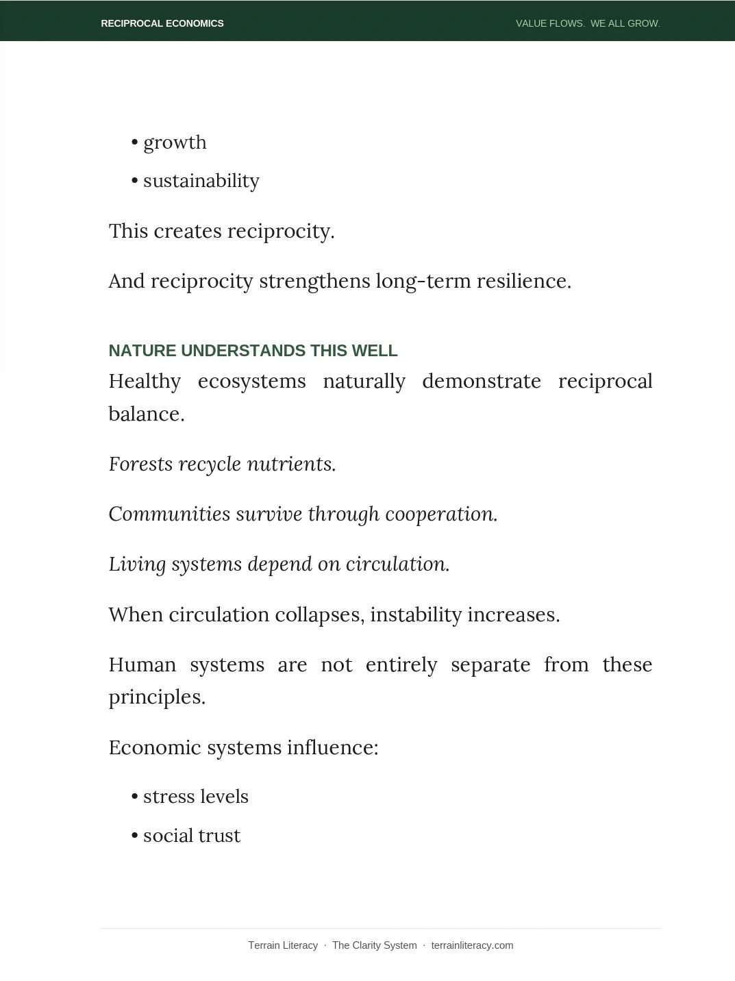 Text explaining reciprocal economics and natural balance in ecosystems and human systems.