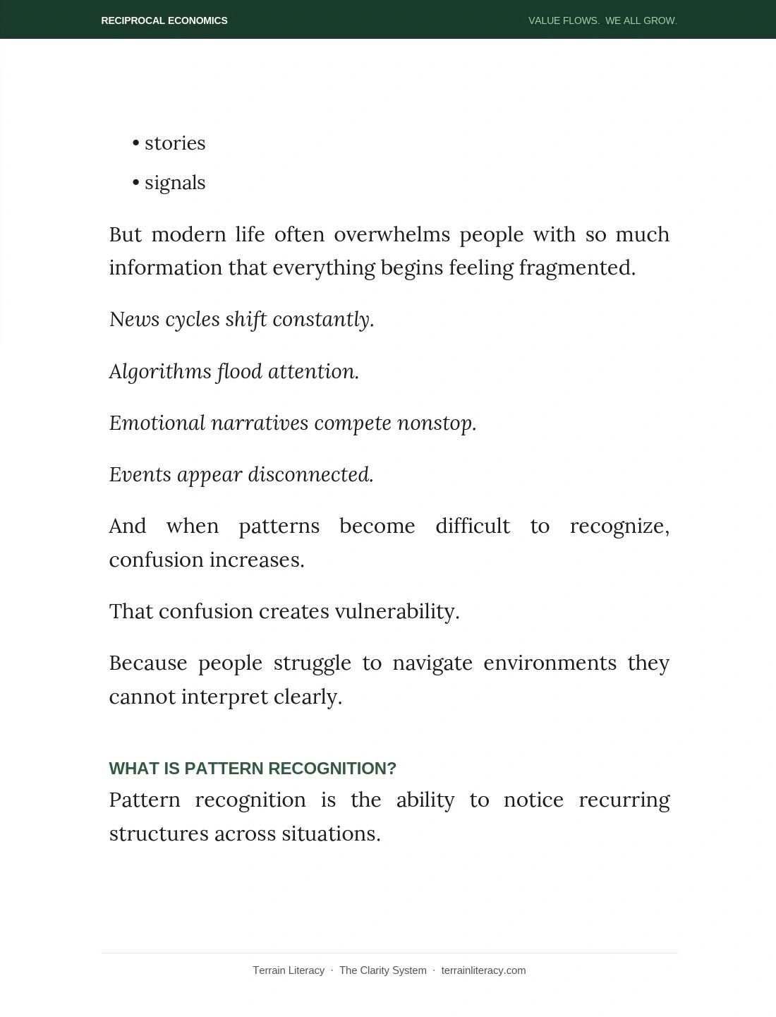 Text explaining how modern life overwhelms people with information, causing confusion and vulnerability, and defining pattern recognition.