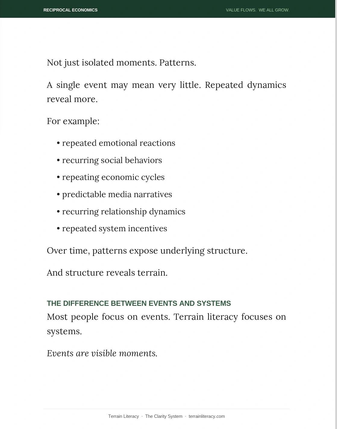 Explanation of how patterns reveal underlying structures beyond isolated events.