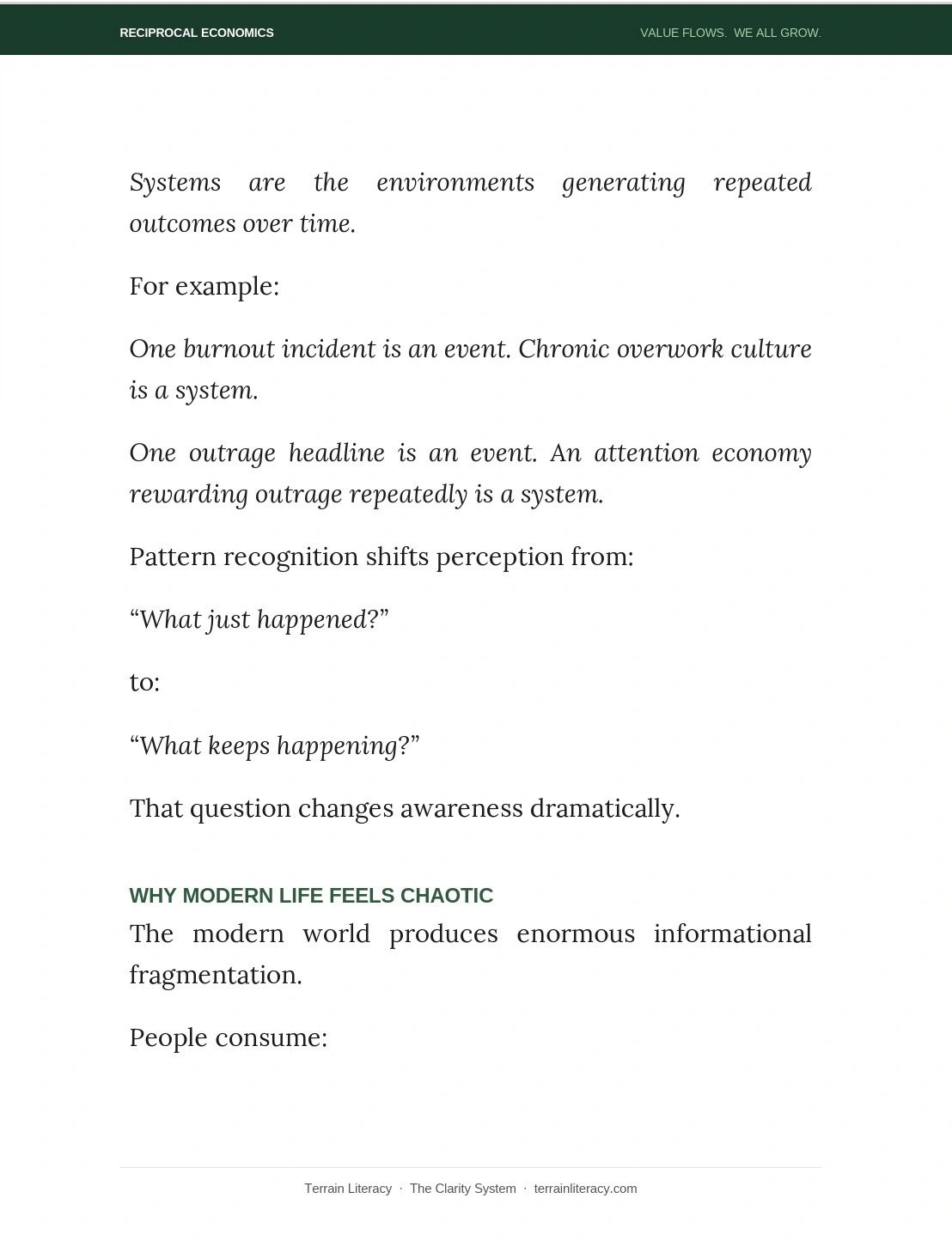 Text explaining systems as environments creating repeated outcomes over time and the concept of pattern recognition.