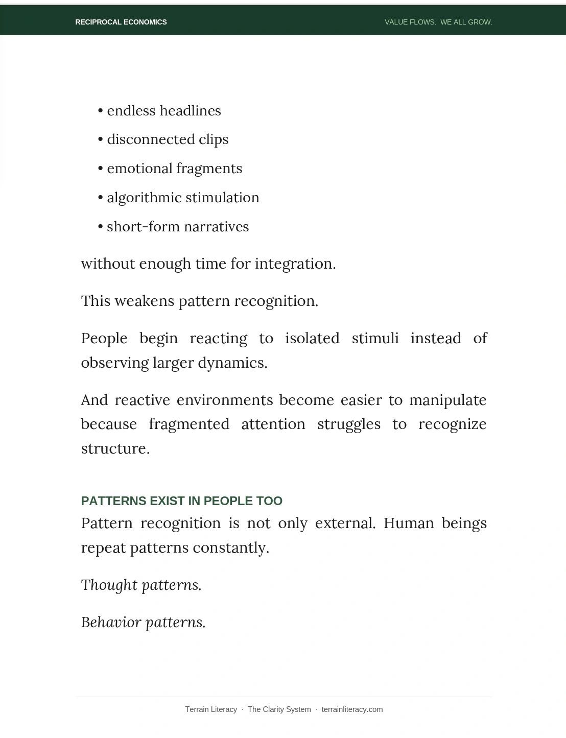 Text on how fragmented media weakens pattern recognition and affects human behavior.