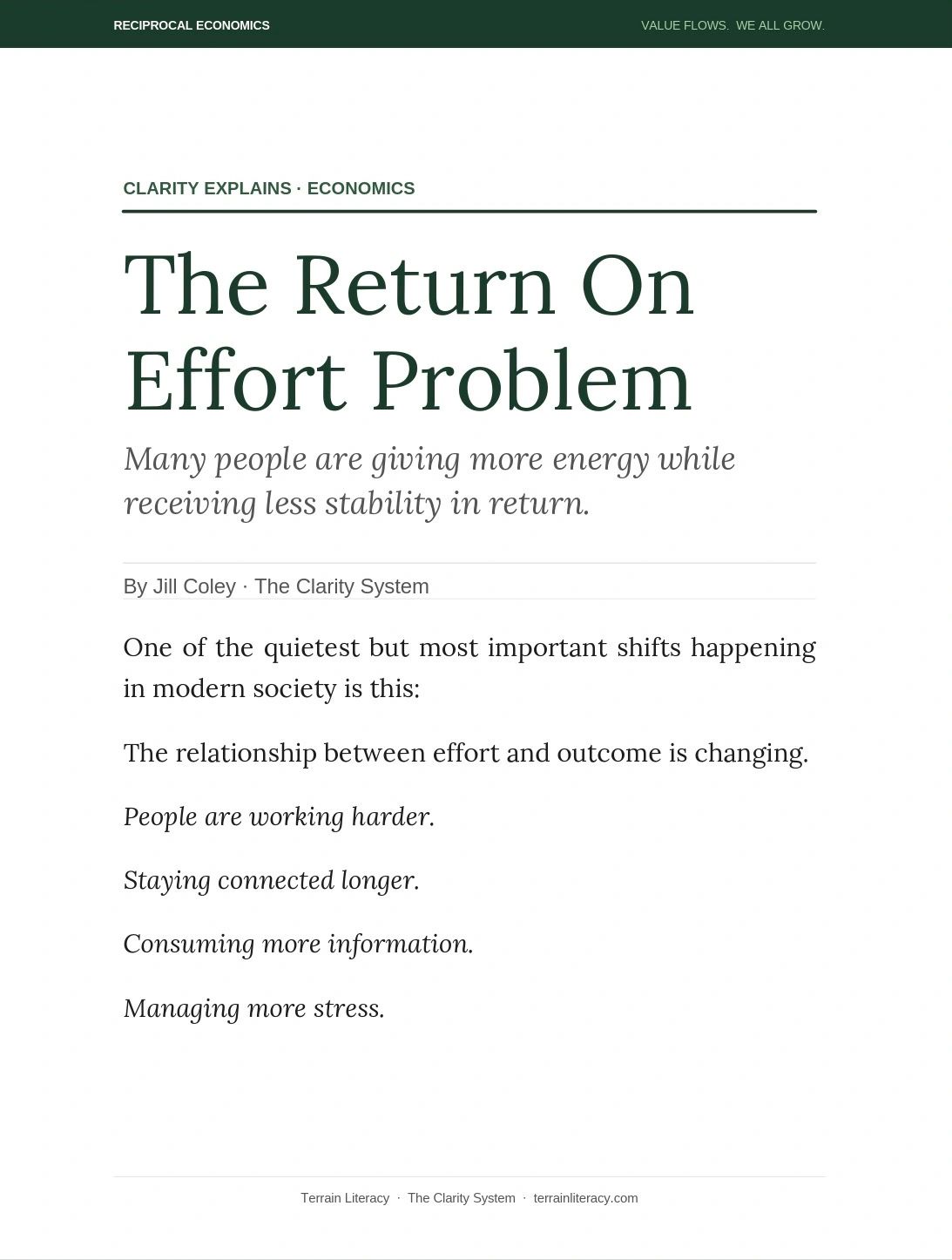 Article discussing the changing relationship between effort and outcomes in modern society.