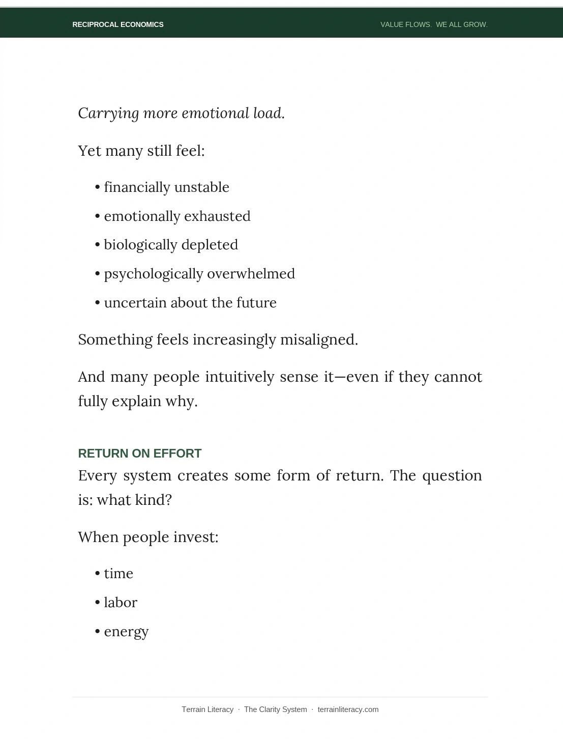 Text discussing emotional and financial instability, exhaustion, and misalignment in people's lives.