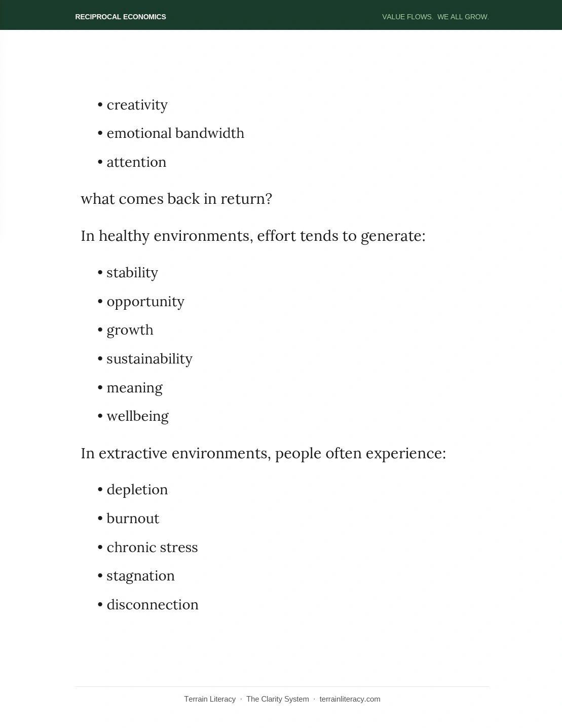 Comparison of outcomes in healthy vs. extractive environments from reciprocal economics perspective.