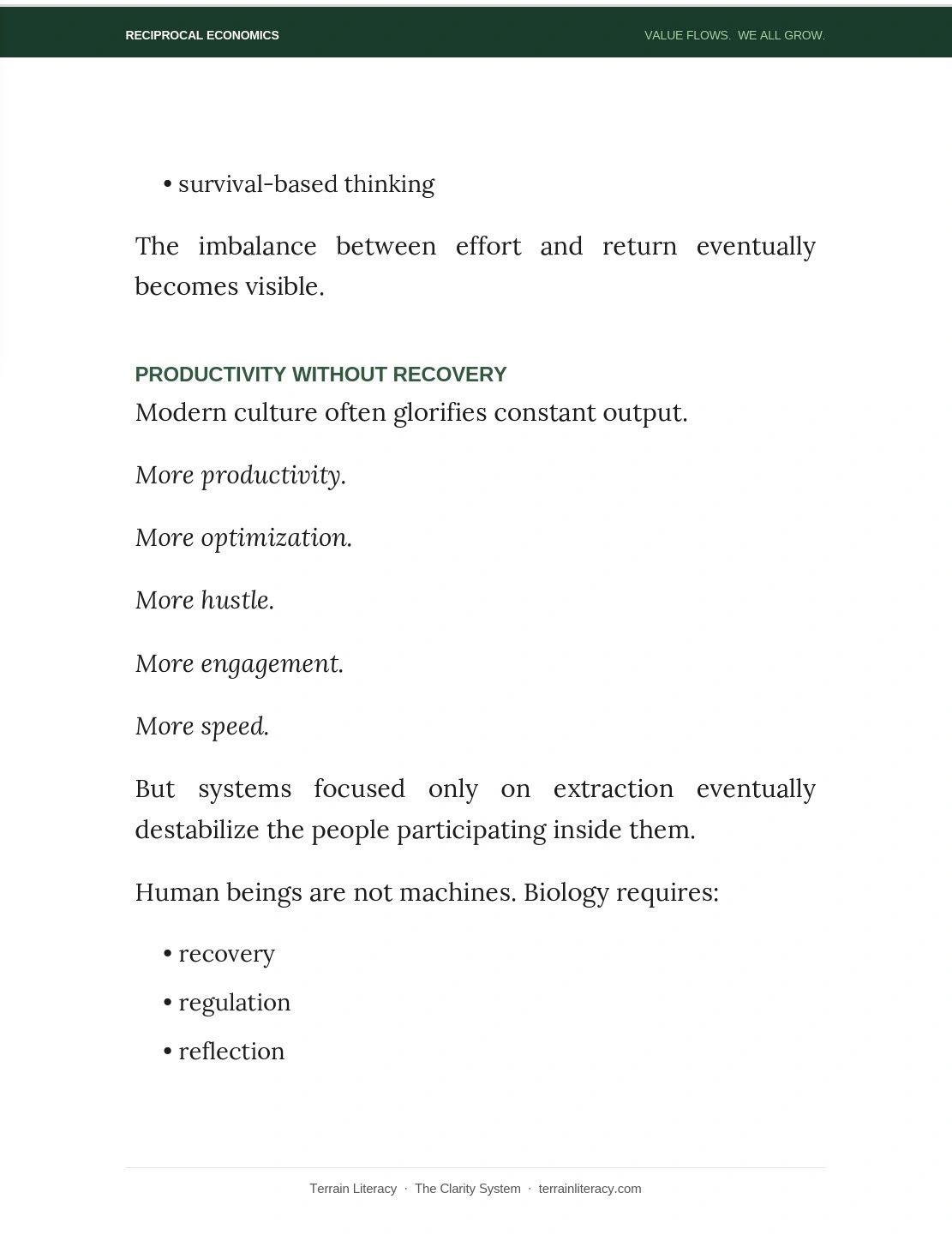 Text discussing the imbalance between effort and return and the need for recovery in productivity.