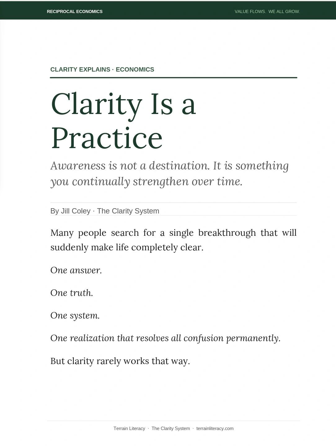 Article titled 'Clarity Is a Practice' by Jill Coley on awareness and clarity.