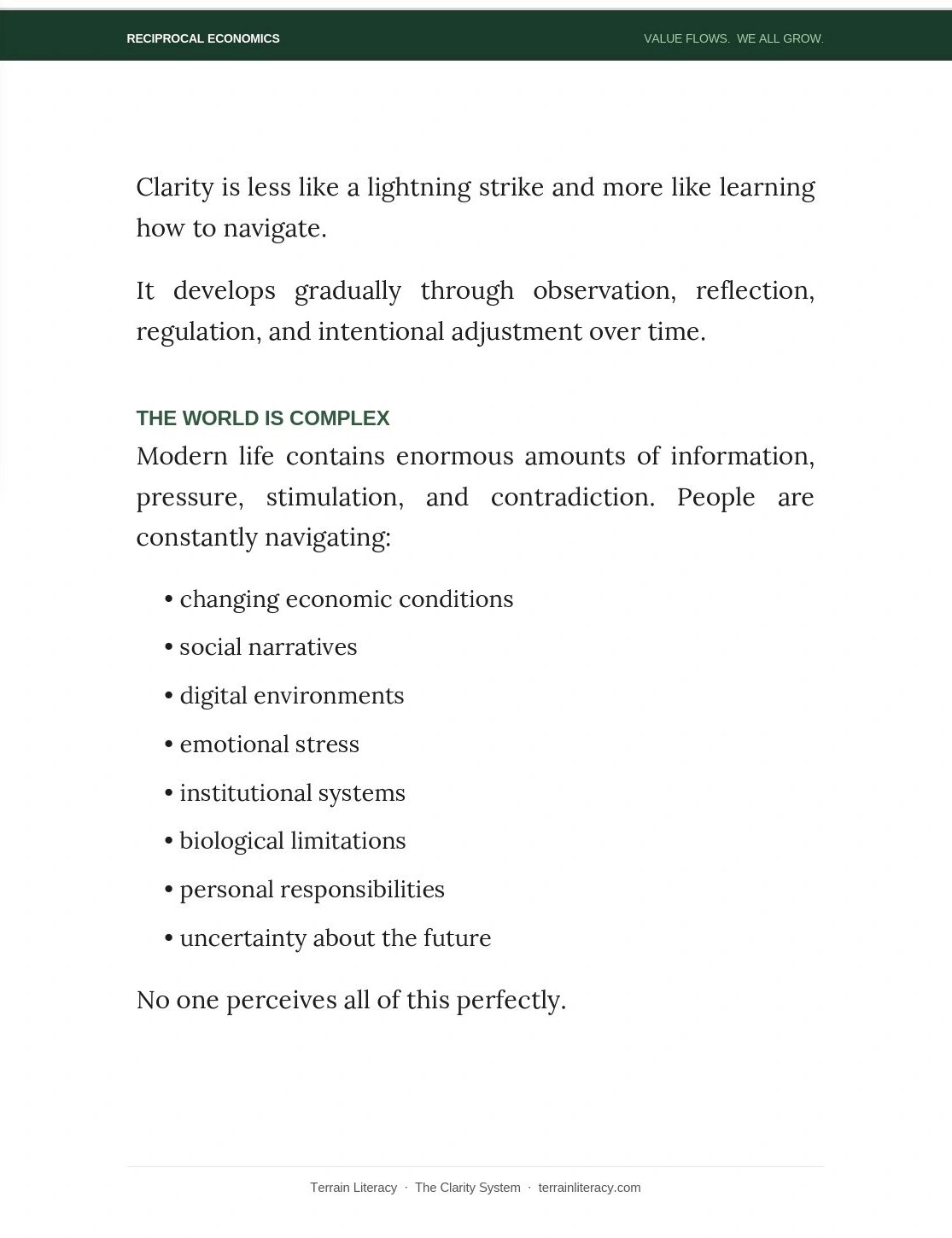 Text explaining clarity as a gradual process amid complex modern life challenges.