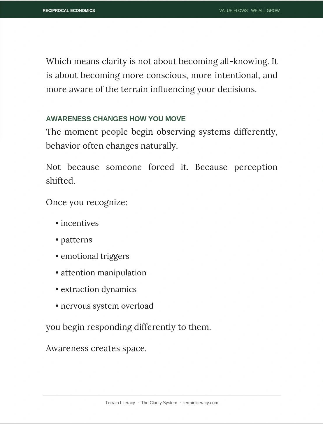 Text explaining how awareness changes behavior by shifting perception and recognizing key system influences.