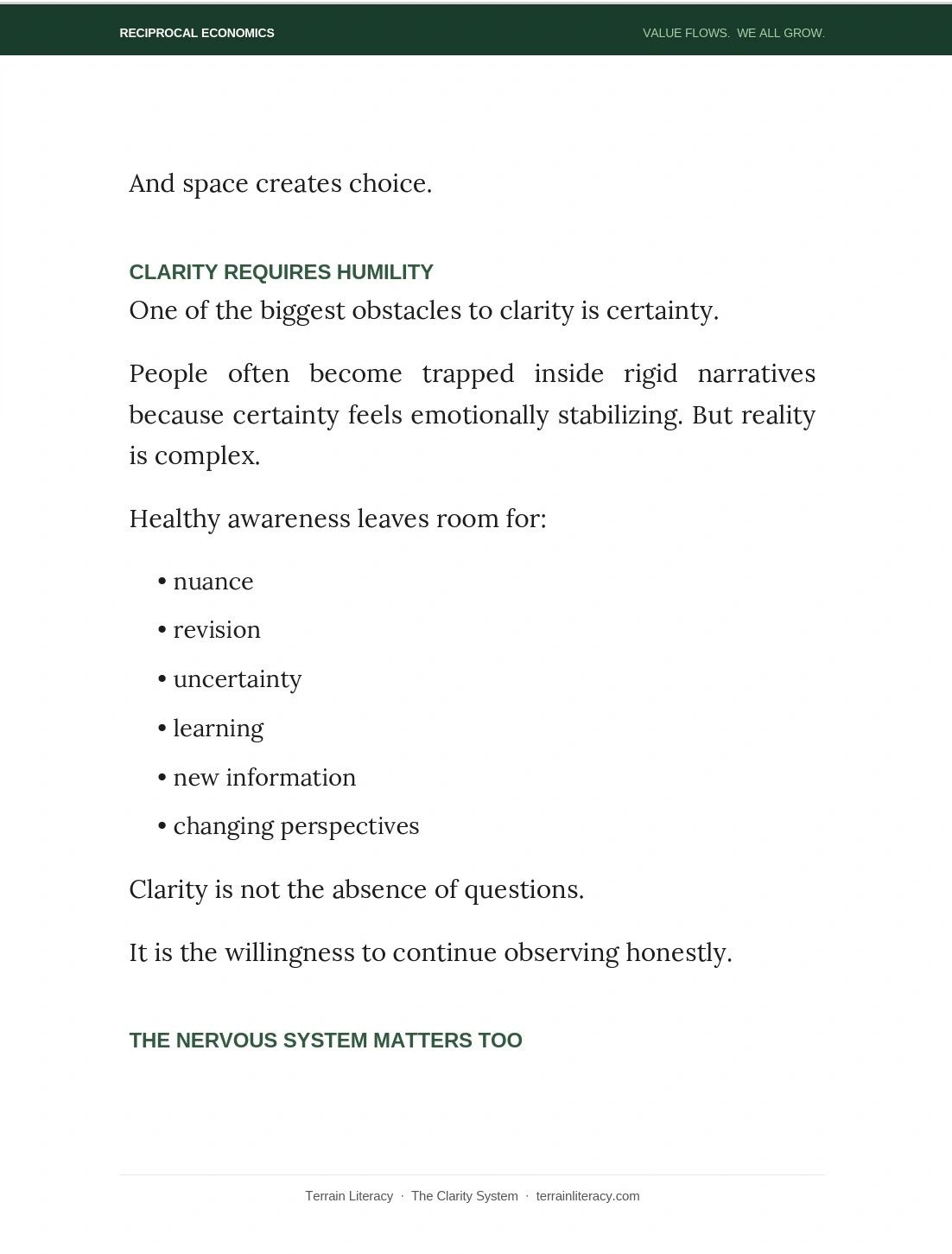 Text explaining clarity requires humility and openness to uncertainty and new information.