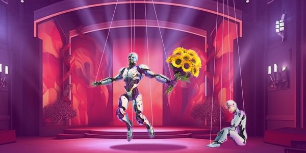 AI robot puppet offers flowers to an AI robot puppet 