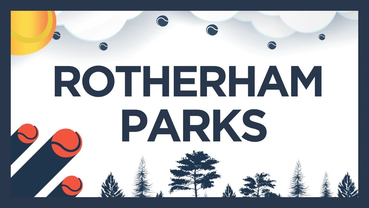 Graphic design featuring 'Rotherham Parks' with tennis balls, trees, sun, and clouds.
