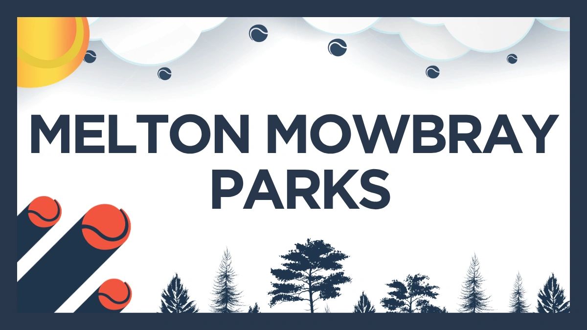 Melton Mowbray Parks logo with sun, trees, and tennis balls.