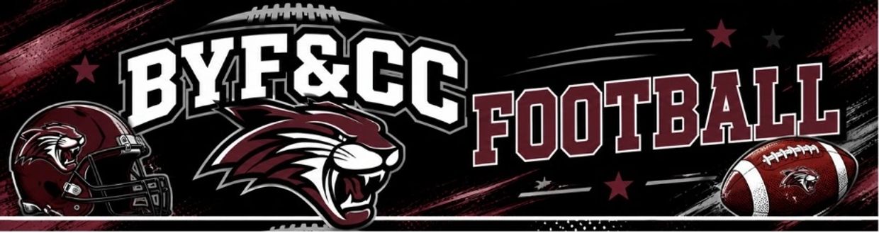 BYF&amp;CC football banner with helmet, mascot, and football graphics.