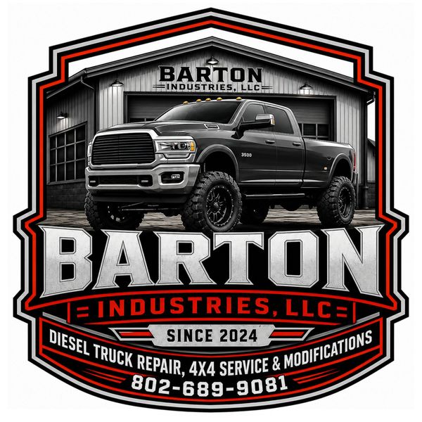 Logo of Barton Industries featuring a lifted black diesel truck and business details.