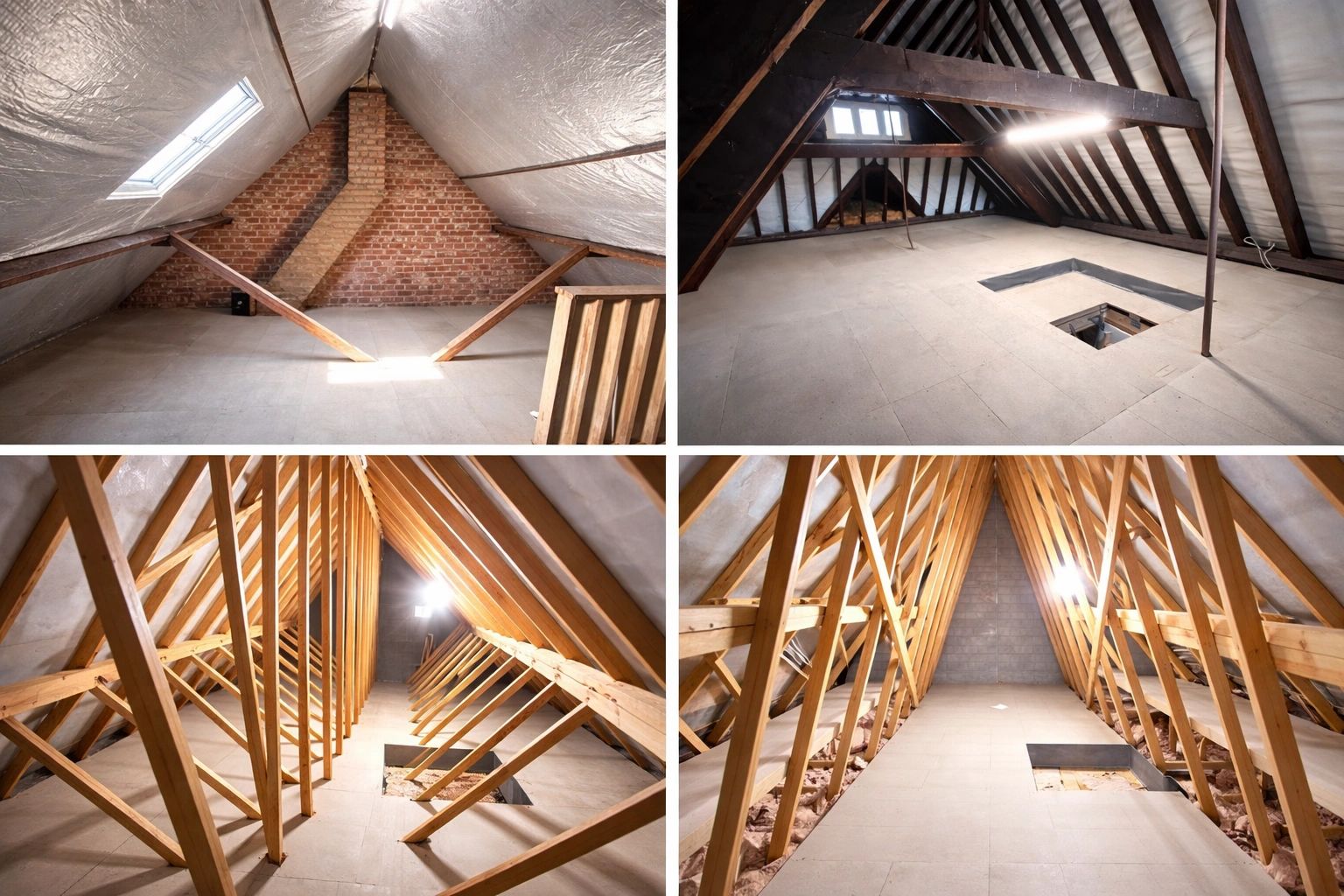 Empty attic spaces with wooden beams and insulation under sloped roofs.