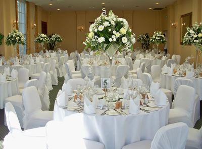 The Lawn White Stretch Lycra Chair Covers with White Chiffon Chair Hoods with Ruffles