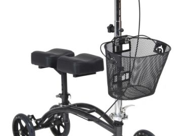 A black knee scooter with a mesh basket attached in front.