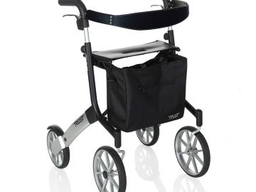 A black and silver four-wheeled rollator walker with a storage bag.