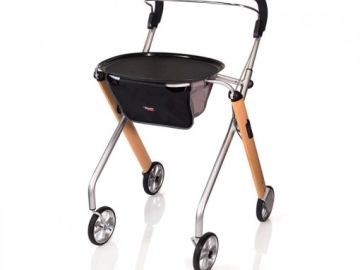 Modern walker with wheels and a storage pouch.