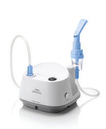 Compact white and blue nebulizer machine for respiratory therapy.