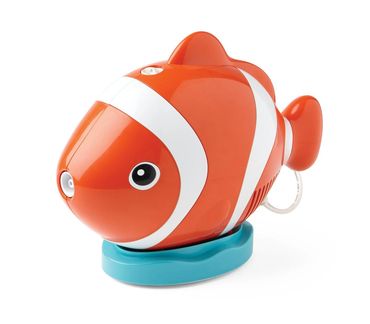 Orange and white clownfish shaped gadget on a blue base.