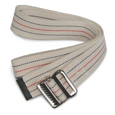 A white fabric belt with red and blue stripes and a metal buckle.