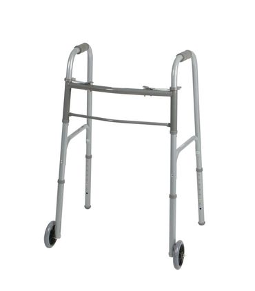 A gray metal walker with two front wheels for mobility assistance.
