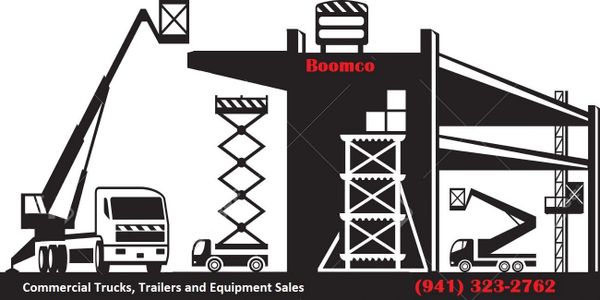 Silhouette of commercial trucks and equipment with Boomco branding and contact number.